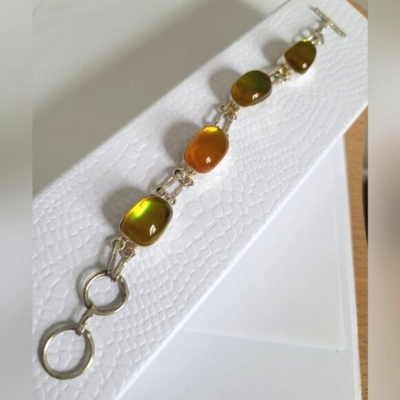 Vintage Boho Sterling Silver Yellow Rainbow Topaz Oval Chain Link Bracelet - Picture 4 of 9